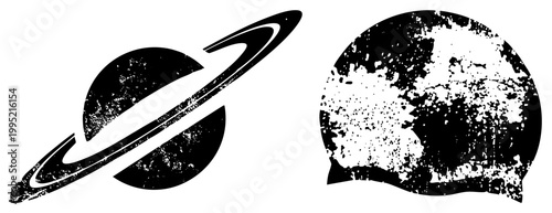 Distressed celestial body graphics, weathered space planet symbols, vintage sci fi astronomy, cosmic, retro futuristic logo elements.