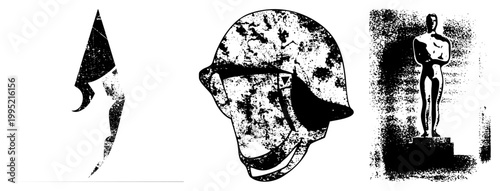 Distressed graphic symbols including stiletto blade, combat helmet, and trophy figure alternate names worn emblems, vintage insignia, retro pictograms.