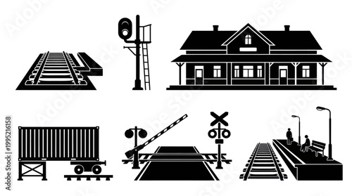 Railroad Train Transportation Black Silhouette Icon Set: Station, Tracks, Signals, Crossings