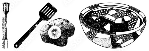 Barbecue steak illustration with kitchen utensils, grilled meat graphic, cookout food, charred beef slice, BBQ tool set, halftone print style.