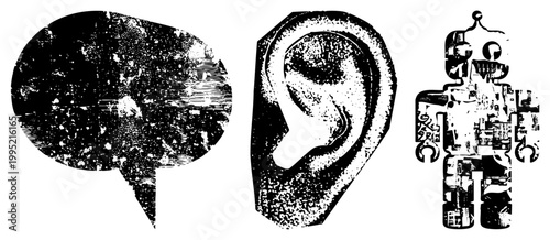 Stylized black and white vector graphics depicting communication, perception, and artificial speech, ear symbol, robotic glyph.