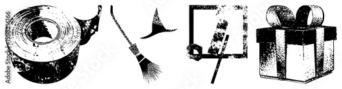Distressed graphic elements including adhesive tape roll, witches broom, frame, gift box vintage halftone illustrations ideal for collage, scrapbook, or retro design projects.