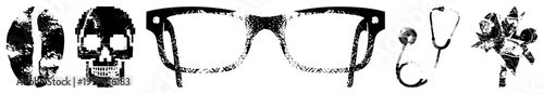 Digital halftone glyph including symbol, spectacles, medical stethoscope, fragmented geometry ideal for graphic design, UI elements, or thematic branding.