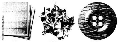 Graphic design assets rendered in halftone style, including paper sheets, fragmented, and button ideal for print, web, or UI design projects requiring retro or vintage aesthetics.