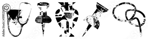 Rugged office tool graphics including pushpin, paperclip, stethoscope, and vase like object distressed vector ideal for edgy branding or retro design projects.