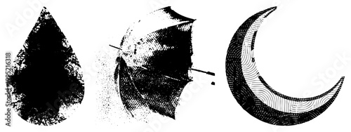Graphic set of weather and celestial symbols rendered in halftone style raindrop, parasol, lunar ideal for print design or retro branding.
