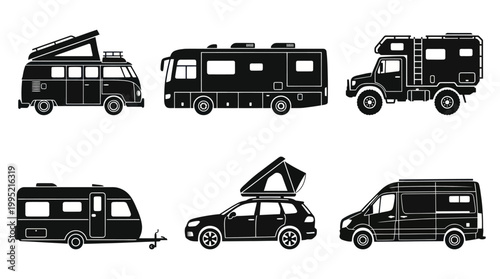 Camping  Recreational Vehicles Silhouette Icons Set - RVs, Vans, Trailers, Overland  Tent Cars