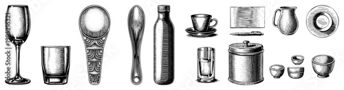 Retro dining utensils including goblet, tumbler, ladle, bottle, teacup, pitcher, bowls classic engraved cutlery, vintage kitchenware, halftone illustration style.