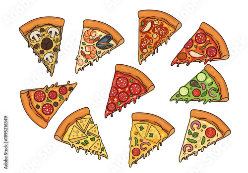 Set of vector pizza slices illustration, diverse toppings and styles, appetizing food art