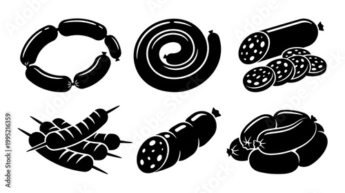Food Meat Sausages Glyph Icons Set. Salami, Frankfurters, Wurst Black White Vector