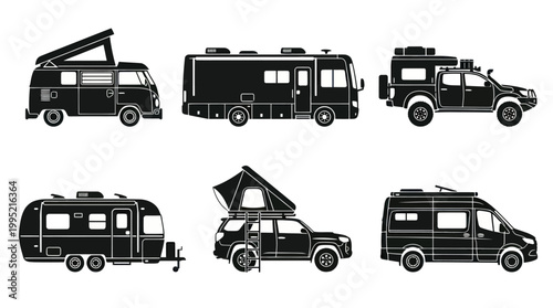 Black and White Icons of Various Camping Vehicles and RVs