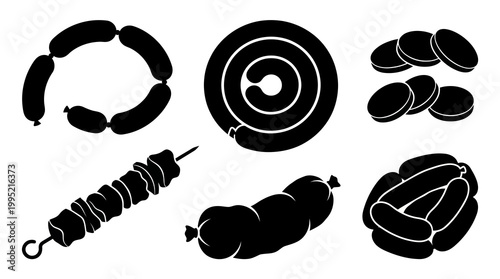 Black and White Icons of Sausages and Skewers, Food Industry Vector Art