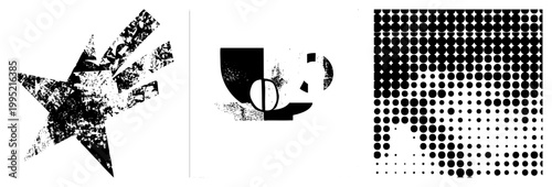 Stylized vector cutouts distressed starburst, fragmented shapes, dot matrix gradient ideal for design, posters, digital art. motifs, ink splatter graphics.