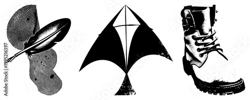 Stylized vector with halftone quill, geometric kite, and combat boot ideal for emblems or print. nib pen, military footwear, stylized.