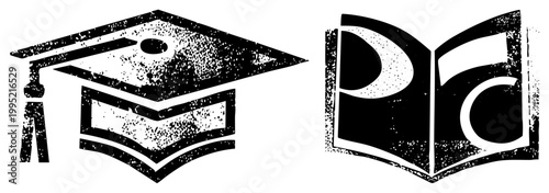 University mortarboard and textbook symbols rendered in distressed print style, ideal for diplomas or scholarly materials also called grad cap and study guide.