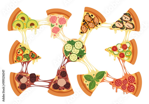 Vector illustration of a delicious pizza with melting cheese, showcasing various toppings for a delightful culinary experience