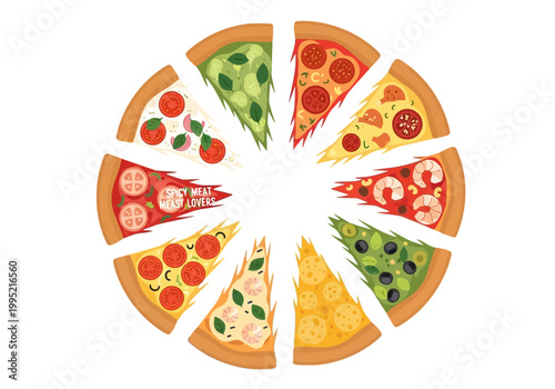 Vector Illustration of Delicious Pizza Slices Arranged in a Circle, a Feast for the Eyes