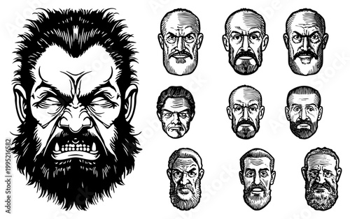 Fierce lycanthrope snarling with sharp, accompanied by nine distinct bearded male head variants rugged, grizzled, and expressive. Ideal for horror comics or character design kits.