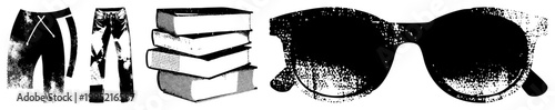 Silhouetted apparel, stacked literature, and eyewear rendered in halftone style ideal for print design or digital. stippled graphics, dot matrix illustrations.