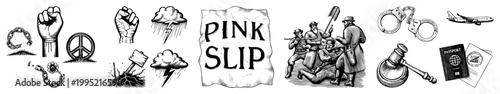 Activist for resistance, unrest, legal confrontation solidarity fist, liberation, dismissal notice, judicial tools. dissident motifs, civil unrest emblems.
