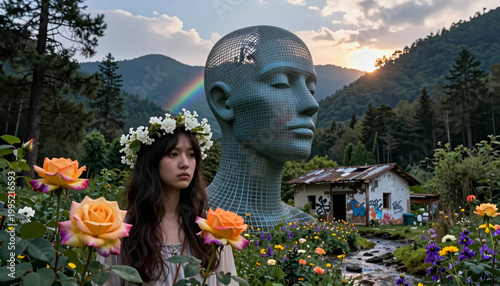 Woman with Flower Crown Standing Before Giant Head Sculpture in Mountain Garden at Sunset