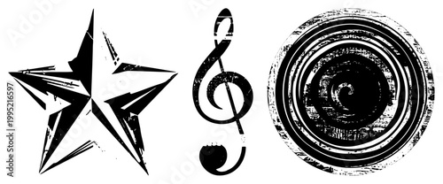 Distressed graphic symbols including five pointed star, G clef musical notation, and concentric spiral target also called weathered emblems, worn insignia, or vintage stencils.