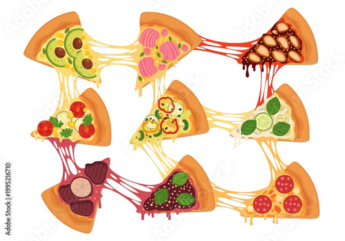 Delicious vector illustration of cheesy pizza slices with various toppings in a playful arrangement