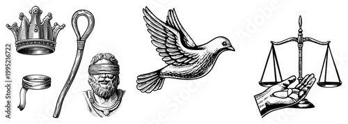 Classic of justice including blindfolded judge, crown, peace, and balanced scales emblematic of law, equity, and governance.