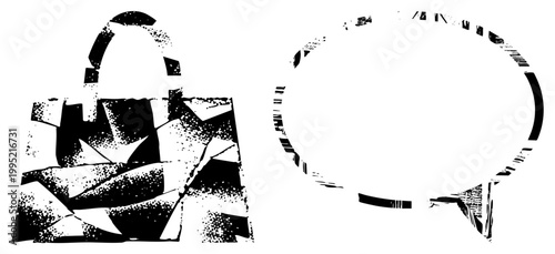 Stylized retail carrier and communication symbol rendered in halftone, fragmented glyph design, graphic set for digital interfaces.