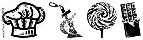 Vector food illustrations including chef hat, lollipop, chocolate bar, and shaker kitchen symbols, culinary, graphic gastronomy elements.
