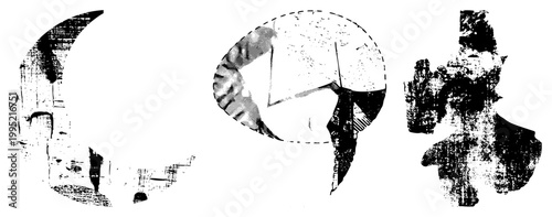 Grunge style vector graphics featuring fragmented silhouettes, halftone, and distressed textures ideal for avant garde layouts or experimental print.