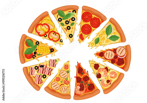 vector illustration of a delicious round pizza with various toppings, cut into slices