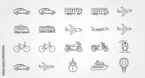 Collection of hand-drawn transportation icons on a white background.