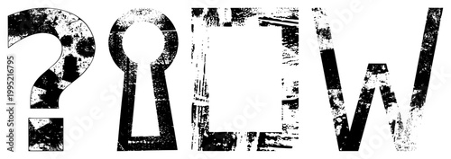 Rugged vector symbols featuring a query mark, lock aperture, geometric square, and alphabetic W ideal for edgy branding or mystery themed designs. distressed glyphs, weathered.