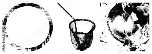 Fishing skimmer net with long handle, circular mesh border, abstract stippled also called landing net, scoop net, or halftone graphic element for print design.