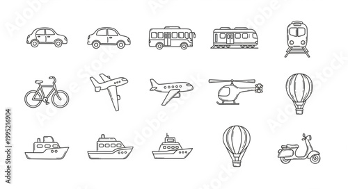 Collection of hand-drawn transportation vehicles and modes of travel.