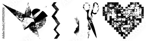 Distressed graphic symbols including折纸鸟 (origami bird), jagged divider, shears, and 8 bit heart stylized cutout elements for design projects.