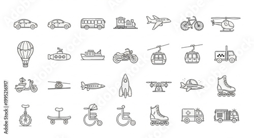 Collection of hand-drawn transportation vehicles and modes of travel.