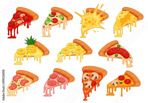 Delicious vector illustration of various dripping cheesy pizza slices with diverse toppings