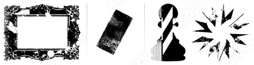 Ornate frame, halftone texture, barber pole, explosive starburst motif ideal for retro design, collage art, or punk aesthetics.