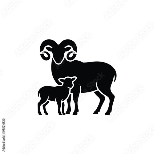 A striking silhouette of a ram and its lamb facing right