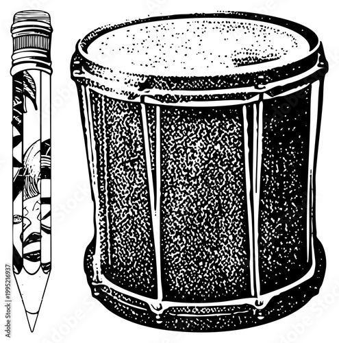 Retro style snare drum and graphic pencil, cartoonish percussion instrument, hand drawn music tool, halftone artwork, comic book aesthetic.