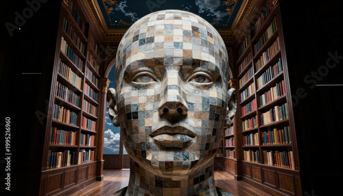 Mosaic Human Head Sculpture in Library Interior