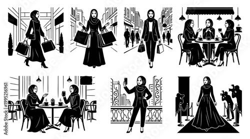 Diverse Muslim Women Lifestyle Black and White Vector Art Set with Shopping, Cafe, and Red Carpet Scenes