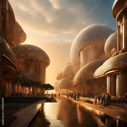 Futuristic cityscape with golden domed buildings and canal at sunset