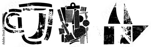 Rugged stencil style vector graphics, weathered typographic elements, deconstructed shapes, urban street art motifs, decay design.