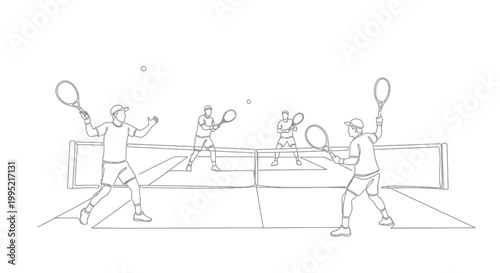Four People Playing Doubles Tennis Match Line Art Sketch