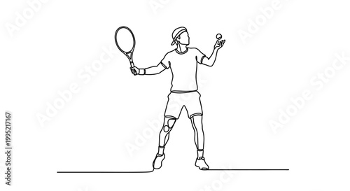 Minimalist line art of a male tennis player serving, holding racket and ball