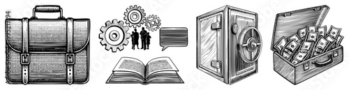 Corporate including briefcase, mechanical gears with team, vault safe, and money filled suitcase ideal for finance, strategy, and wealth visuals.