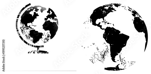 Vector globe graphics showing Earth’s continents in silhouette, stylized world map, halftone planet design, terrestrial sphere.